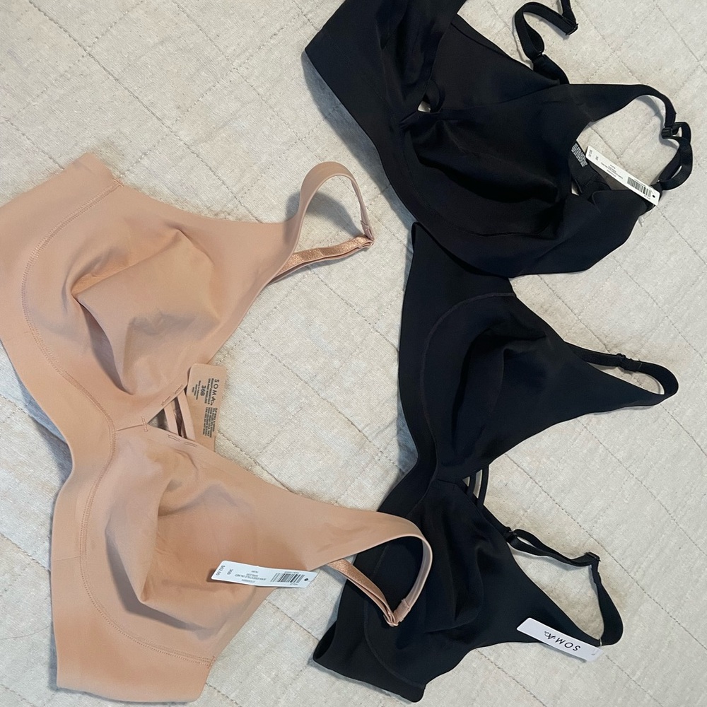 Soma Essentials Unlined Wireless Bras- 2 Black and 1 Tan Bra- total of three